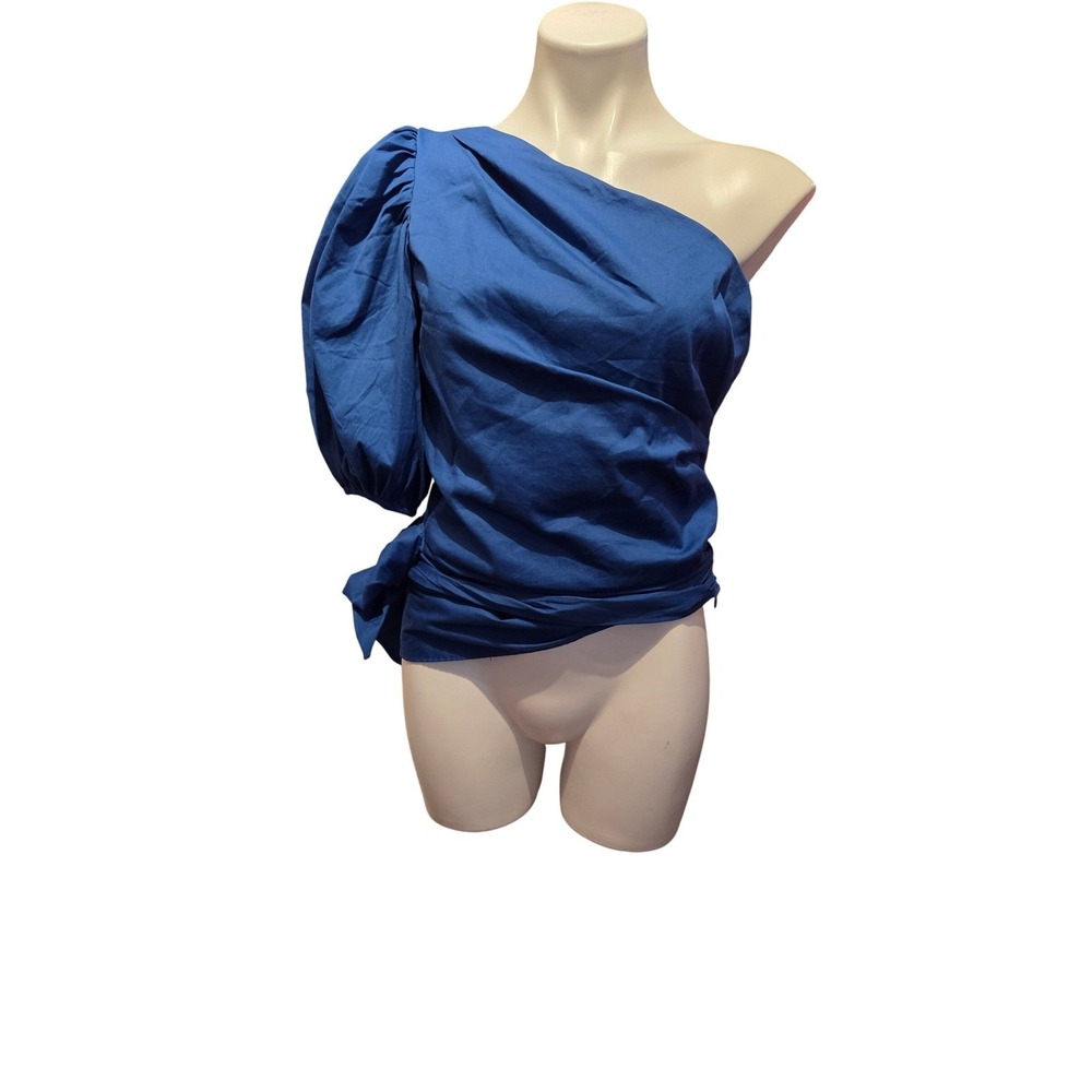 White House Black Market Blue One Shoulder Puff Sleeve Tie Waist Blouse Size 10‎